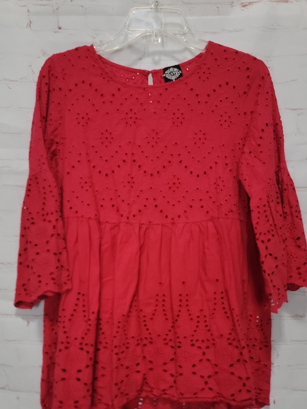 Embroidered Eyelet Peasant Tunic - Red